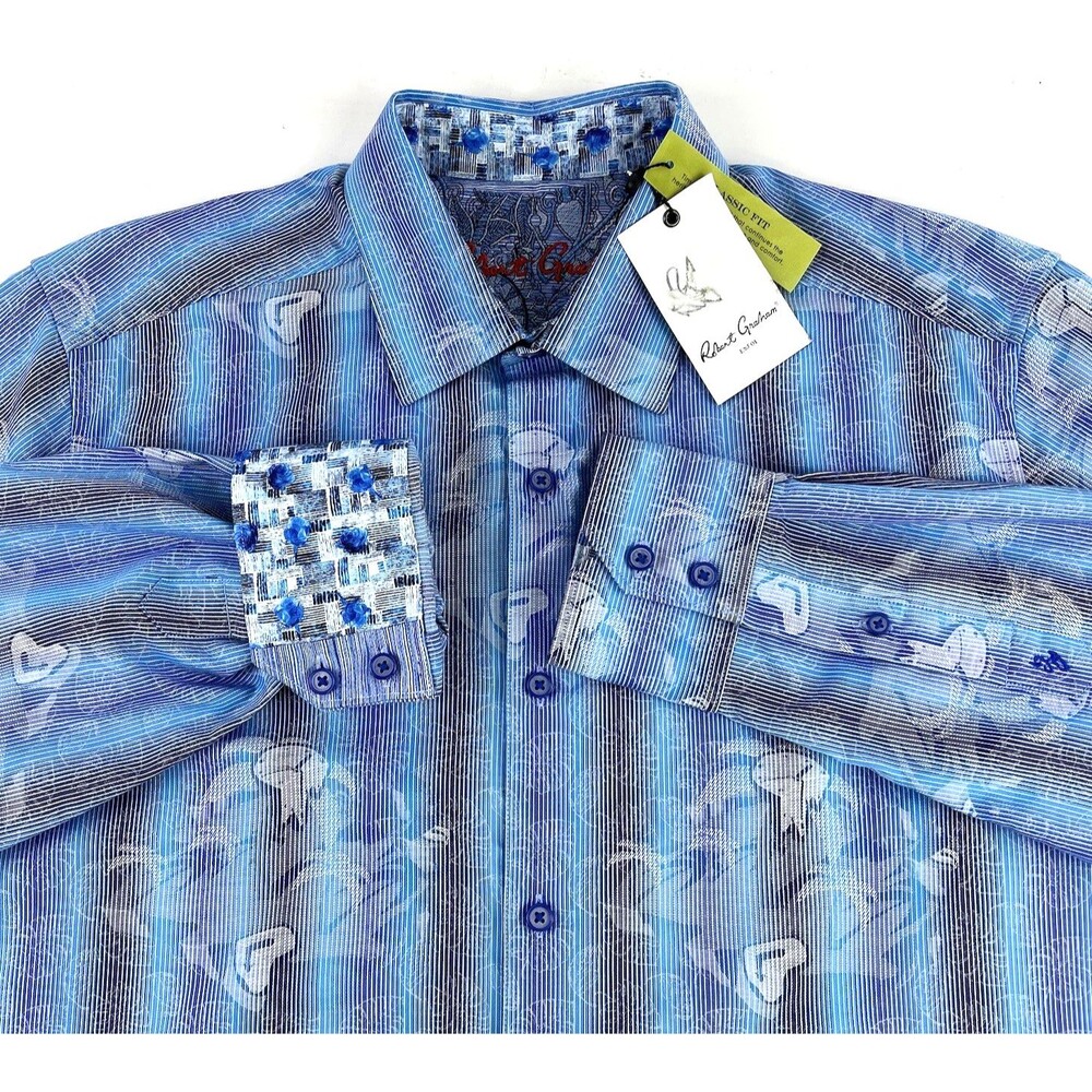 Robert Graham Tick Tock Shirt Mens M Blue Flip Cuff Button Up Clocks Leaves NWT
